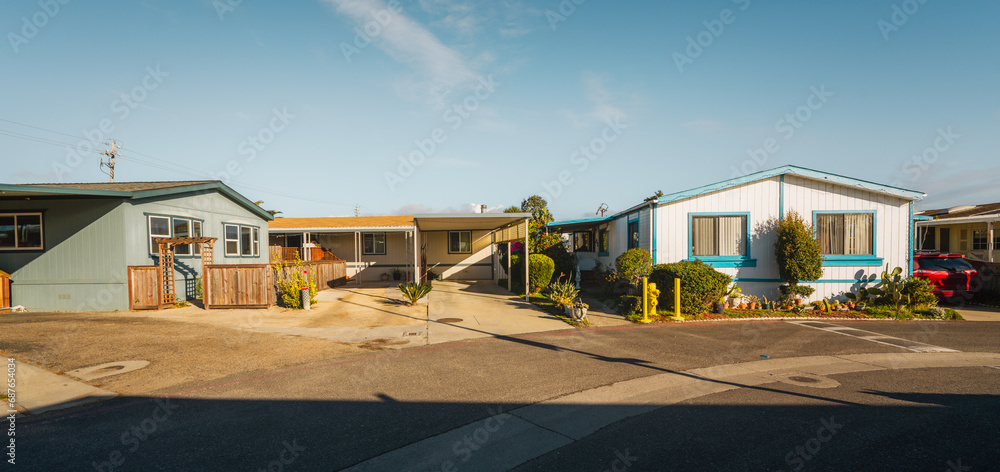 Mobile home park, age-restricted (55+) community in small beach town in California. Architecture, street view