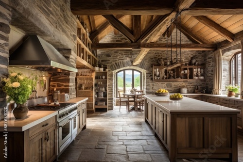 Spacious rustic kitchen with stone walls and high vaulted ceiling made from reclaimed wood © Anzhela