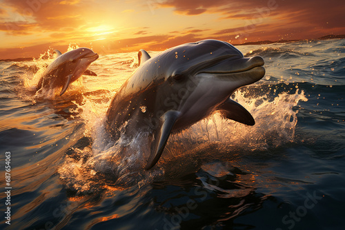 A serene photo capturing the tranquility of a calm sea at sunset, with dolphins gracefully gliding through the gentle waves.
