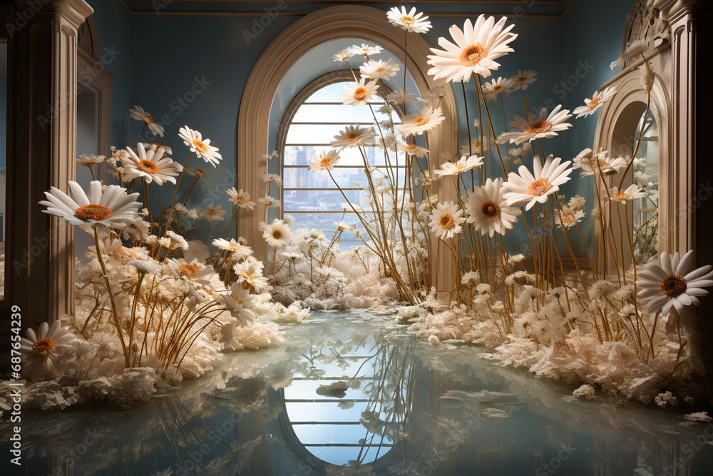 Delight your senses with a captivating photo featuring a commercial space transformed into a daisy wonderland, where blooms cascade like a floral waterfall. - obrazy, fototapety, plakaty 