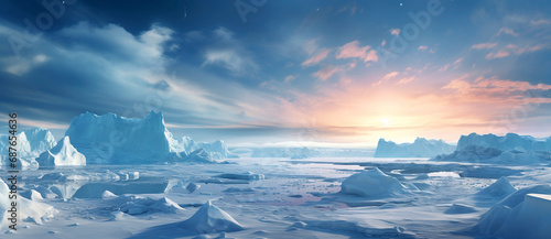 Frozen winter landscape in Greenland or the Arctic with midnight sun photo