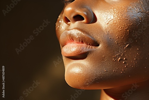 The face of a dark-skinned African-American woman in the rays of the sun close-up. Banner