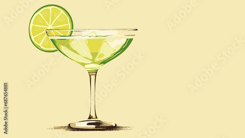 copy space, simple vector illustration, hand drawn, Margarita cocktail with lime in glass. Beautiful background for national Margarita day. Happy Margarita day! Background for bar or restaurant.