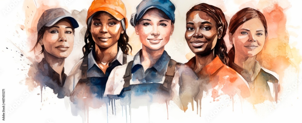 Group of multicultural working woman  in watercolor style. isolated on white background, horizontal banner, large copy space for text. International Women's Day. Empowered girl, working woman day
