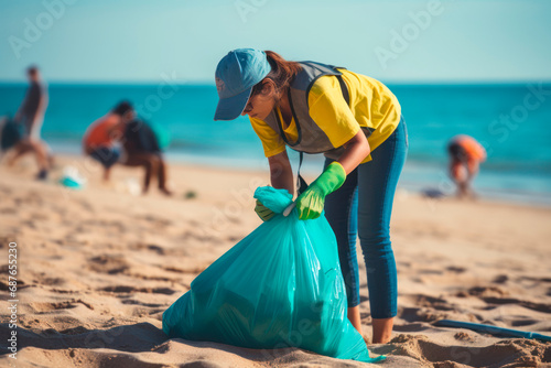 volunteers collecting trash from the beach