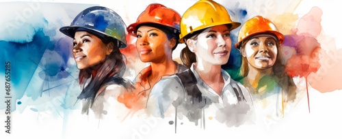 Group of multicultural working woman  in watercolor style. isolated on white background, horizontal banner, large copy space for text. International Women's Day. Empowered girl, working woman day photo