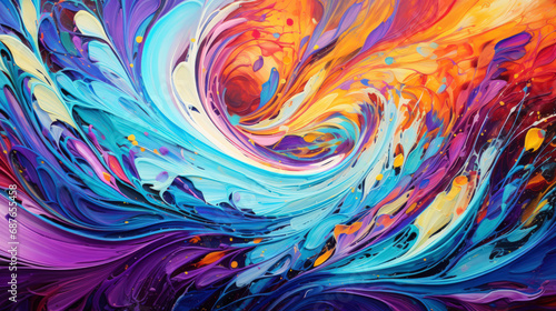 Colorful abstract painting with swirling lines and splashes of paint. Multilayered surfaces