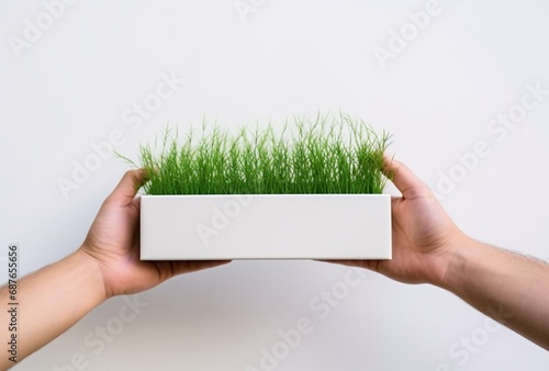 a hand holds a box of grass on a white wall, plasticien photo