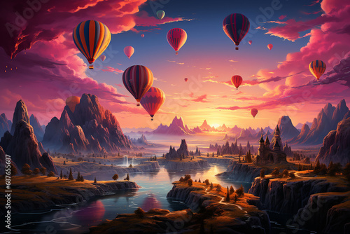 Embark on a visual journey with a breathtaking photo of vibrant hot air balloons soaring over the stunning Cappadocian landscape, creating a surreal tapestry of colors against the