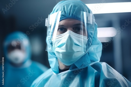 Surgeon wearing a protective mask. 