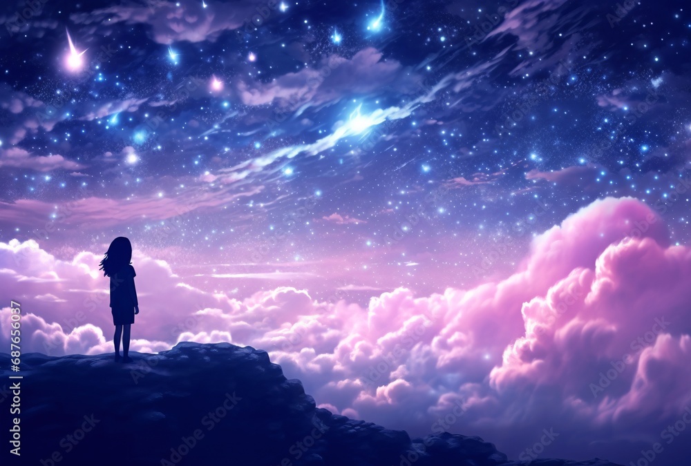 a little girl looking at the sky with clouds and stars, blue and pink