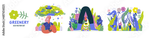 Greenery, ecology -modern flat vector concept illustration of people and plants. Metaphor of environmental sustainability and protection, closeness to nature, green life, ecosystem and biosphere