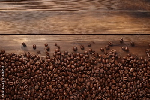 Coffee beans on wooden background with empty copy space for design or product message.