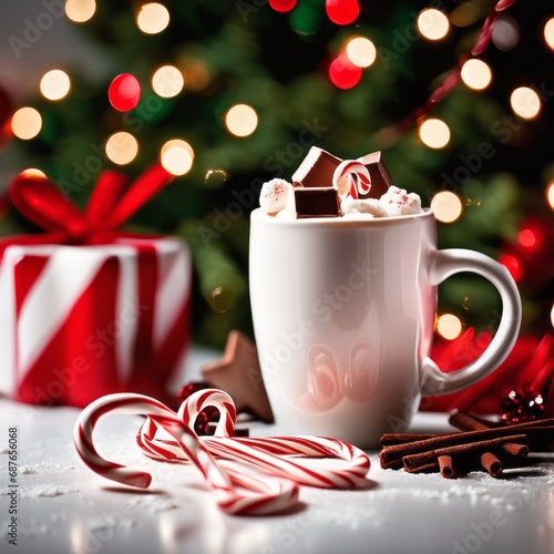 Red mug filled with homemade hot chocolate shot on rustic Christmas table. A red and white candy cane is on the hot chocolate mug and two others candy canes are behind the mug