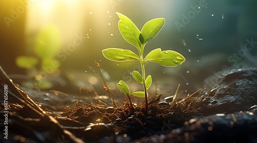 a small plant sprouting from soil in the sunlight, water and land fusion