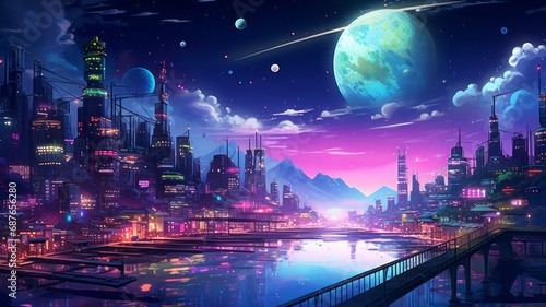 City skyline. Sci-fi futurist city in bold neon colors.