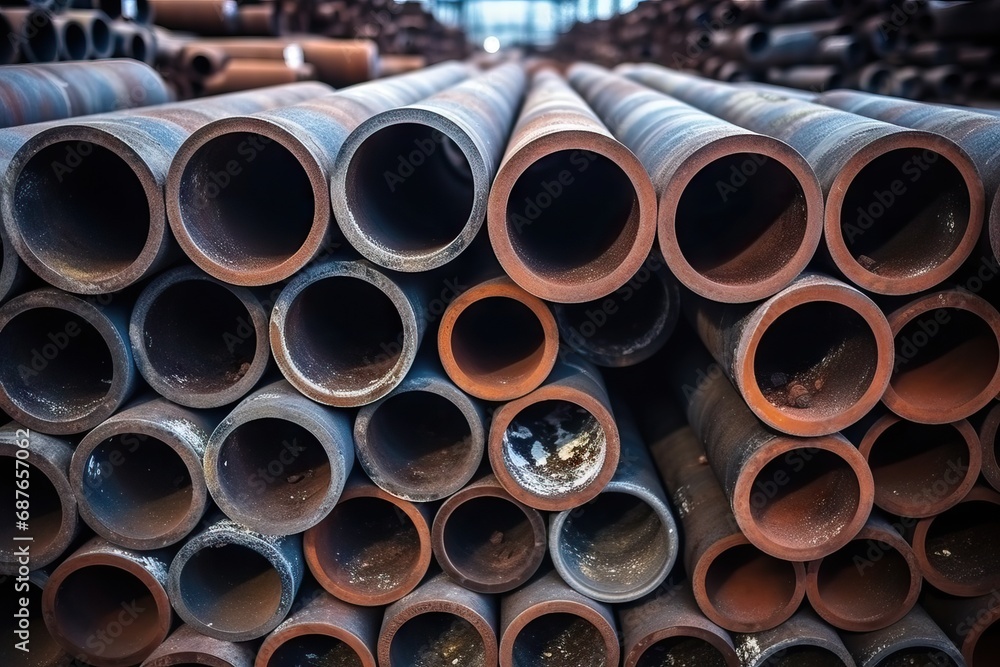 Steel pipes stacked in a warehouse: a neat arrangement of cylindrical metal tubes,for industrial use Steel pipes stacked in a warehouse: a neat arrangement of cylindrical metal tubes,for industrial use
