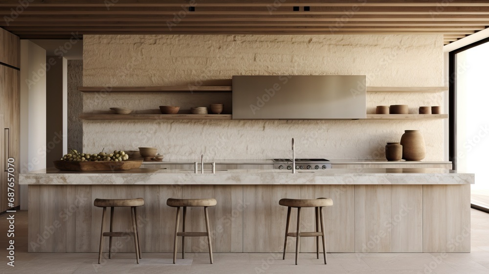 Spacious kitchen with wooden beams and island. Spacious kitchen with wooden beams and island.