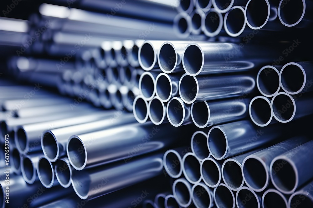 Steel pipes stacked in a warehouse, ready for distribution. Logistical concept Steel pipes stacked in a warehouse, ready for distribution. Logistical concept