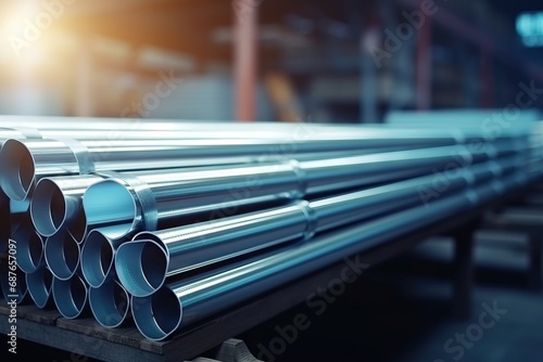 Steel pipes stacked in a warehouse: a neat arrangement of cylindrical metal tubes,for industrial use