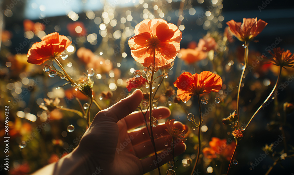 Hand holding a red poppy flower in the field, rorange ed flowers blossom outdoors, botanical garden in summer, beautiful floral field in springtime, hand picking a flower - obrazy, fototapety, plakaty 