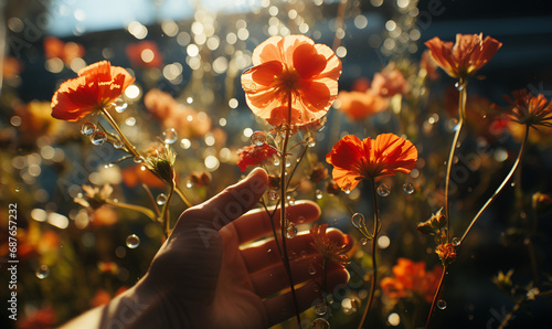 Hand holding a red poppy flower in the field, rorange ed flowers blossom outdoors, botanical garden in summer, beautiful floral field in springtime, hand picking a flower photo