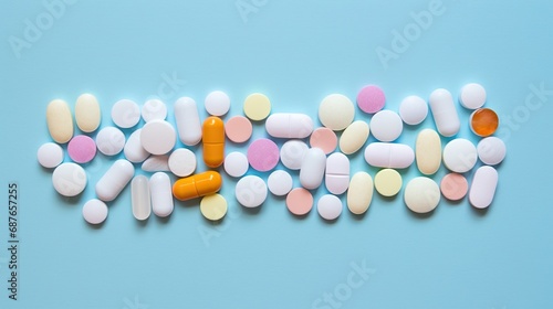 Multicolored medication on blue backdrop. Colorful pills and tablets on blue background.