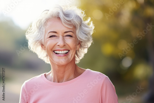 A woman in a pink shirt is smiling with her eyes closed