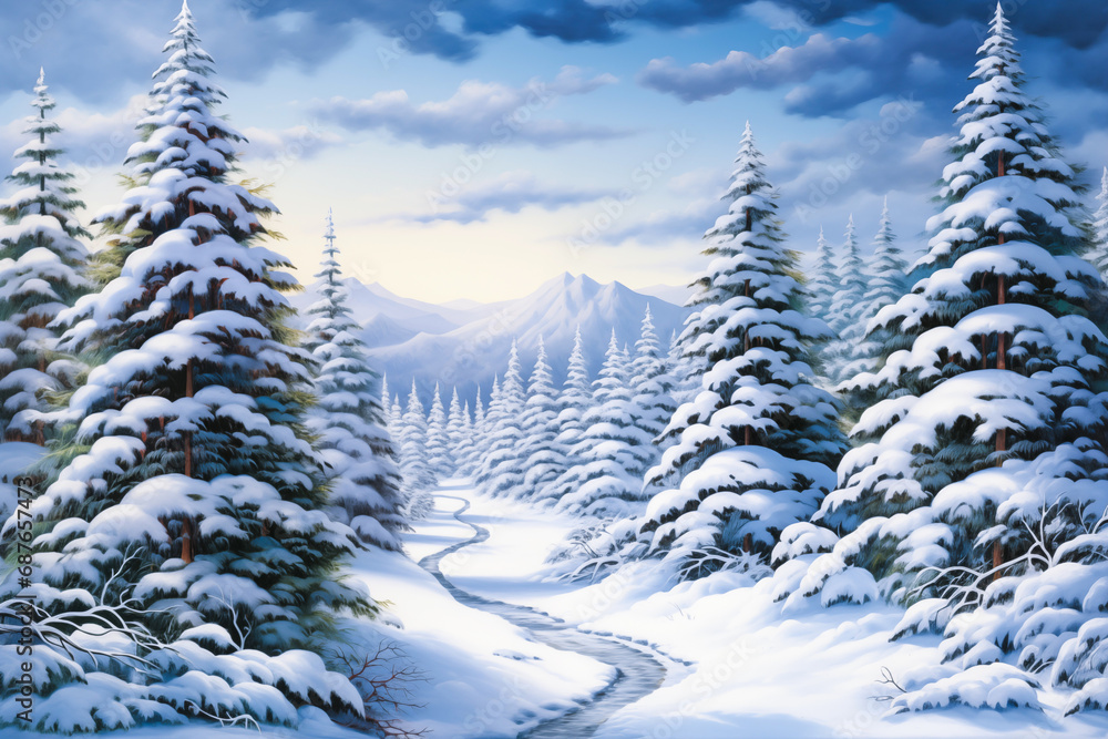 Naklejka premium Snow covered winter forest wilderness landscape painting
