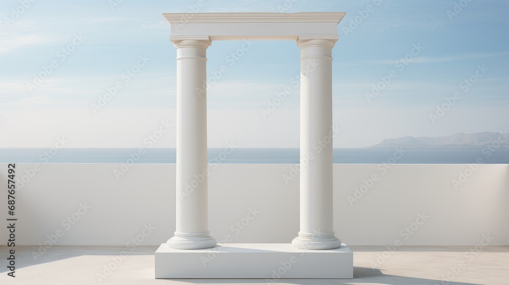 A minimalist mockup featuring two classical white columns framing a serene ocean view under a clear blue sky 