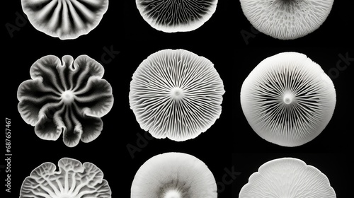 A striking black and white display of mushroom spore prints, arranged in a captivating and symmetrical pattern photo