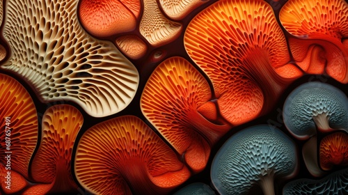 Artistic representation of mushroom gills in a mesmerizing pattern, showcasing a gradient of warm to cool tones