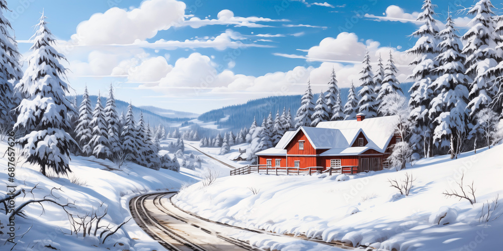 Red wooden cabin home in the snow covered winter forest landscape, road through rolling hills, painting, wide banner