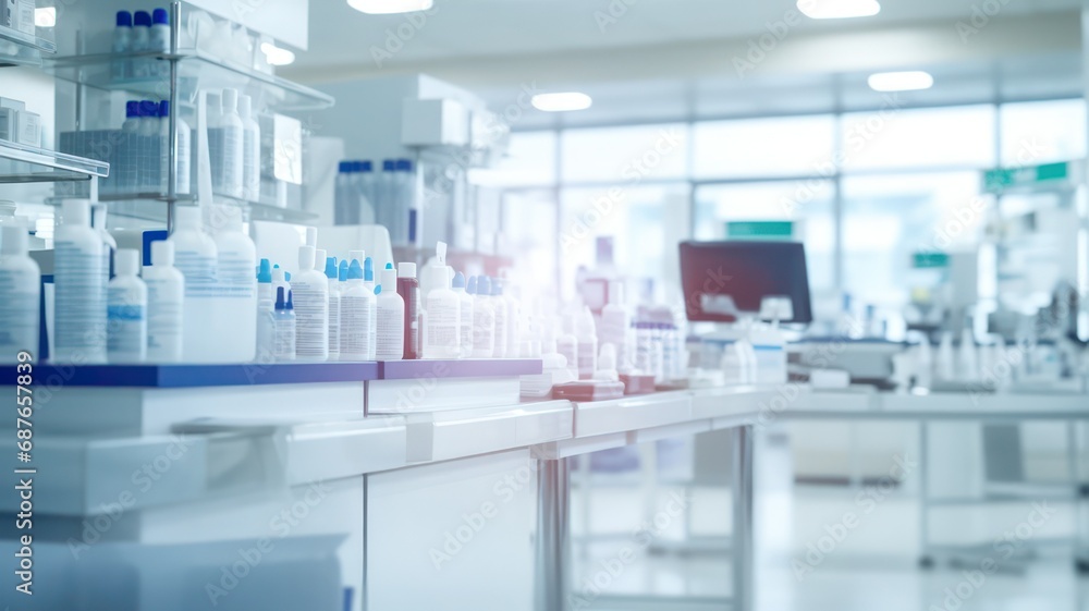 Blurred background of a pharmacy store created with Generative AI Blurred background of a pharmacy store created with Generative AI