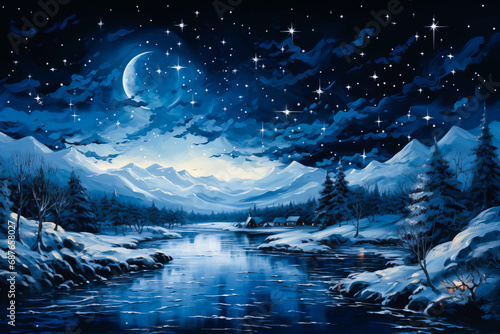 Magical winter snow landscape at night with moon and stars, mountains and river, blue and white, painting © Sunshower Shots