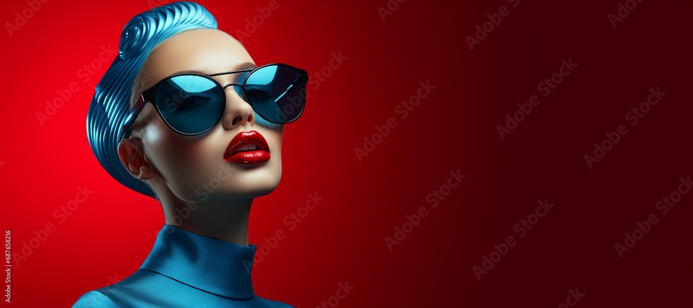 Close up portrait of model posing. Minimal concept of woman from future with red lipstick, blue hair, sunglasses and latex suit. Concept of fashion, elegance and style. Background with copy space  - obrazy, fototapety, plakaty 