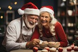 Couple of elderly man and woman in Santa Hat celebrating Christmas