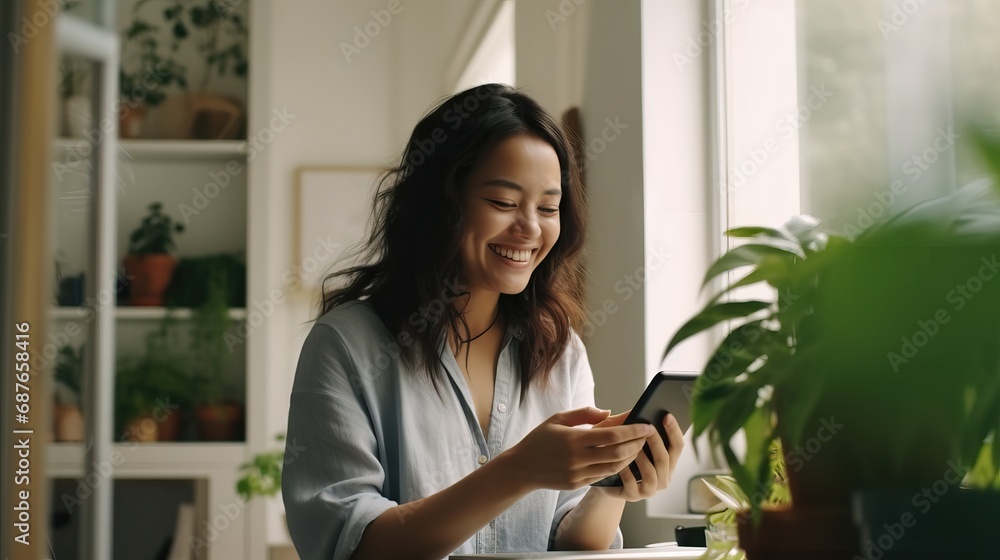 A woman happily multitasks, smiling as she uses her phone and laptop simultaneously. A woman happily multitasks, smiling as she uses her phone and laptop simultaneously.