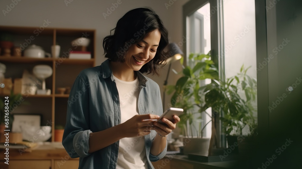 A woman happily multitasks, smiling as she uses her phone and laptop simultaneously.