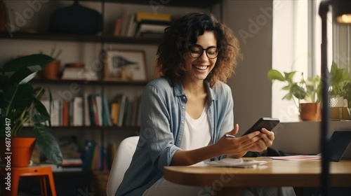A woman happily multitasks, smiling as she uses her phone and laptop simultaneously.