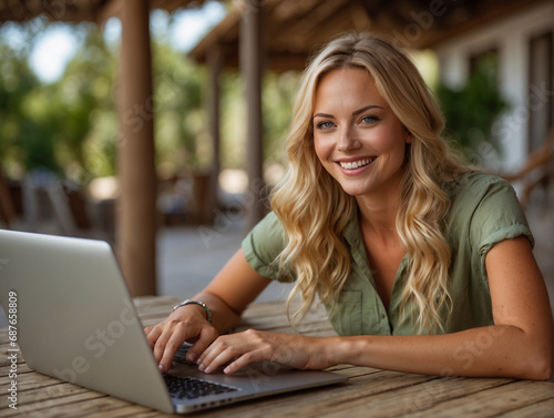 A happy blond woman using the laptop during holidays. Looking at camera, side view. Vacation, use of technology concept.