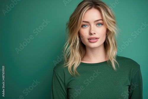 A woman with blonde hair and blue eyes is wearing a green shirt