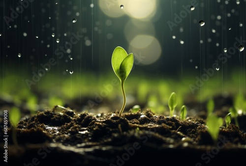 green seeds sprout under the ground in the rain