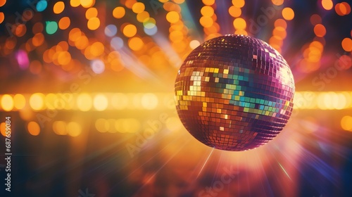 A disco ball on a table with colorful bokeh lights illuminating the surroundings. photo