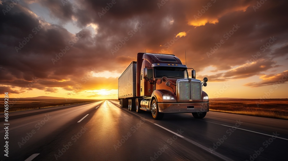 A semi truck transporting goods on a road at sunset, representing the concept of transport logistics A semi truck transporting goods on a road at sunset, representing the concept of transport logistics