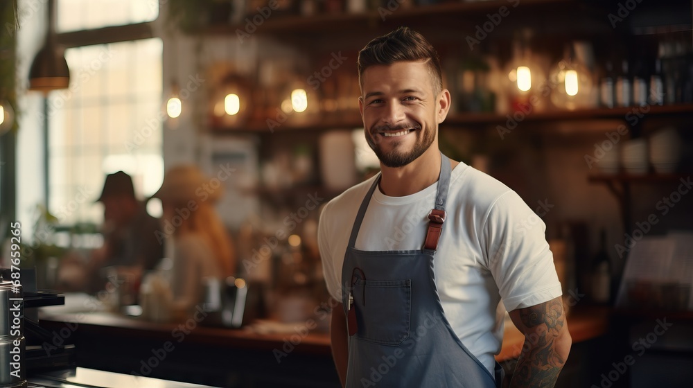 A man in an apron stands in front of a bar, smiling warmly. New store opening concept,business local A man in an apron stands in front of a bar, smiling warmly. New store opening concept,business local