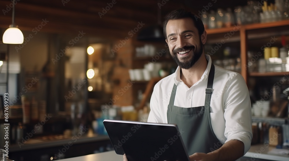 A man in an apron stands in a restaurant,smiling.Happy in his new job,working alongside other people