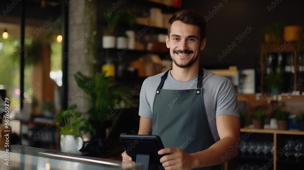A man in an apron stands in a restaurant,smiling.Happy in his new job,working alongside other people A man in an apron stands in a restaurant,smiling.Happy in his new job,working alongside other people
