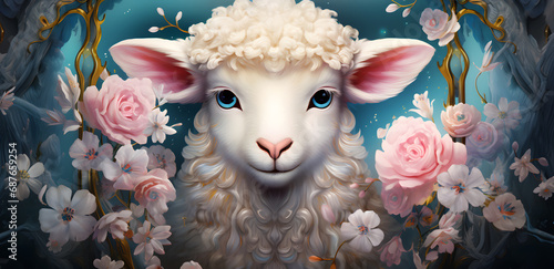 Portrait of a sheep surronded with pink flowers on blue background, mug sublimation, mug wrap, mug design photo