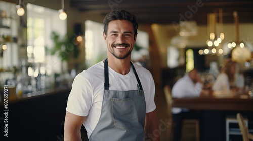 A man in an apron stands in front of a bar, smiling warmly. New store opening concept,business local © Banana Images